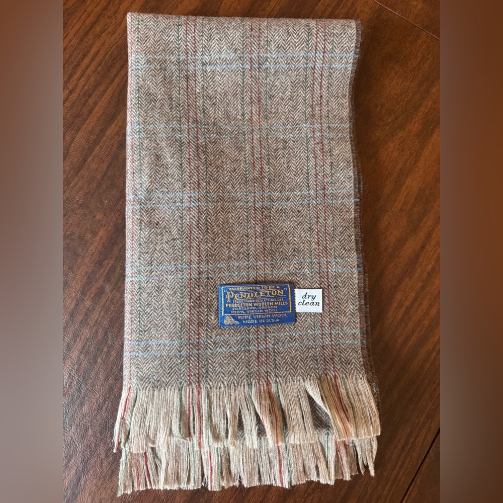VTG Pendleton 100% Virgin Wool Scarf Brown with red & blue stripes